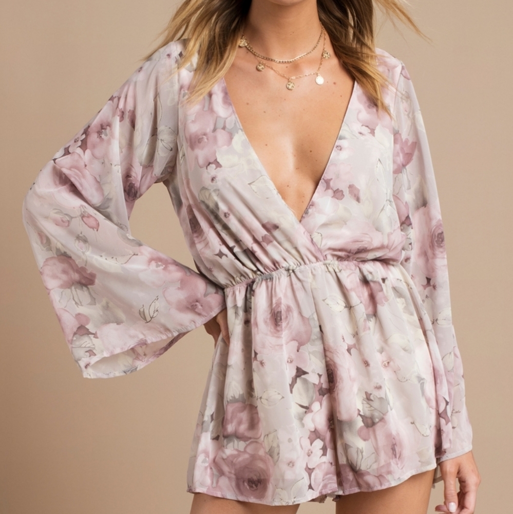 Romwe women's pink floral wrap look front romper